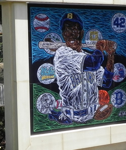 The landscaping at the Jackie Robinson Mural at UCLA's Jackie Robinson Stadium