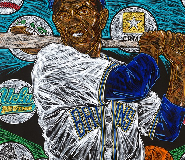 The painting of Jackie Robinson featuring his life from high school to the Dodgers