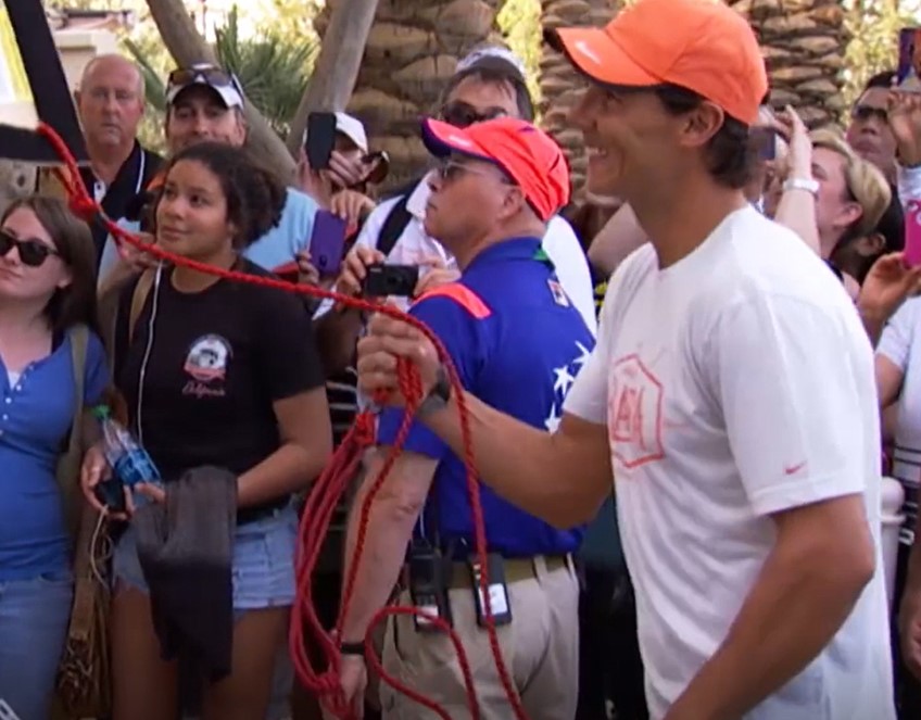 Rafael Nadal unveils his mural to the crowd and media at the BNP Paribas Open