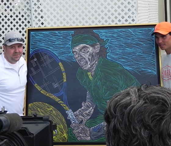 Mike S. and Rafael Nadal pose for the media and photographers at the BNP Paribas Open