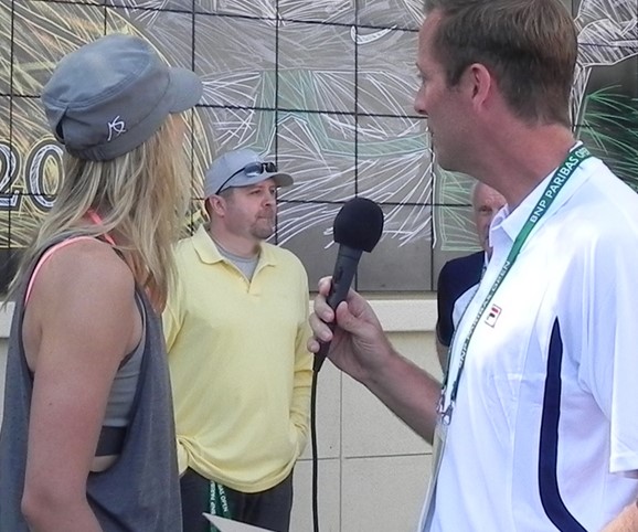 Maria Sharapova answering questions about her mural at the Indian Wells Tennis Garden