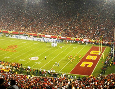 Night game at the sold out Los Angeles Memorial Coliseum in Los Angeles, California
