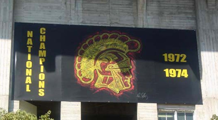 The USC Logo Championship Art Banners around the Los Angeles Memorial Coliseum