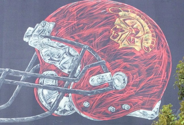 Close up of the USC Helmet Art Banner at the Los Angeles Memorial Coliseum