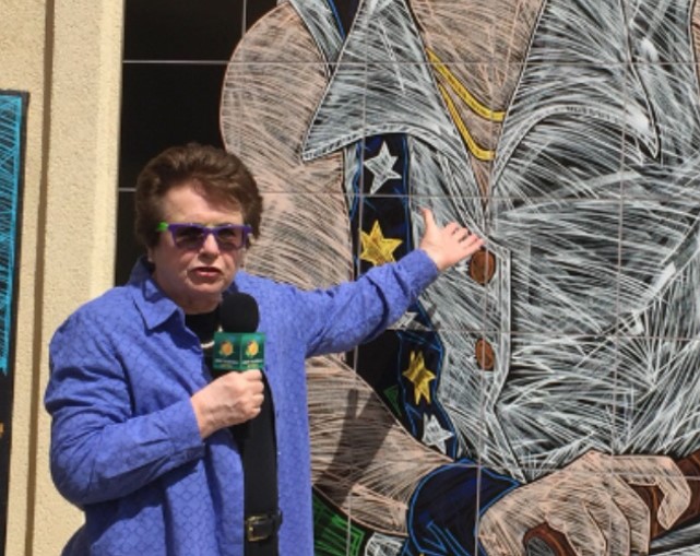 Billie Jean King at her mural at the Indian Wells Tennis Garden in Indian Wells, California