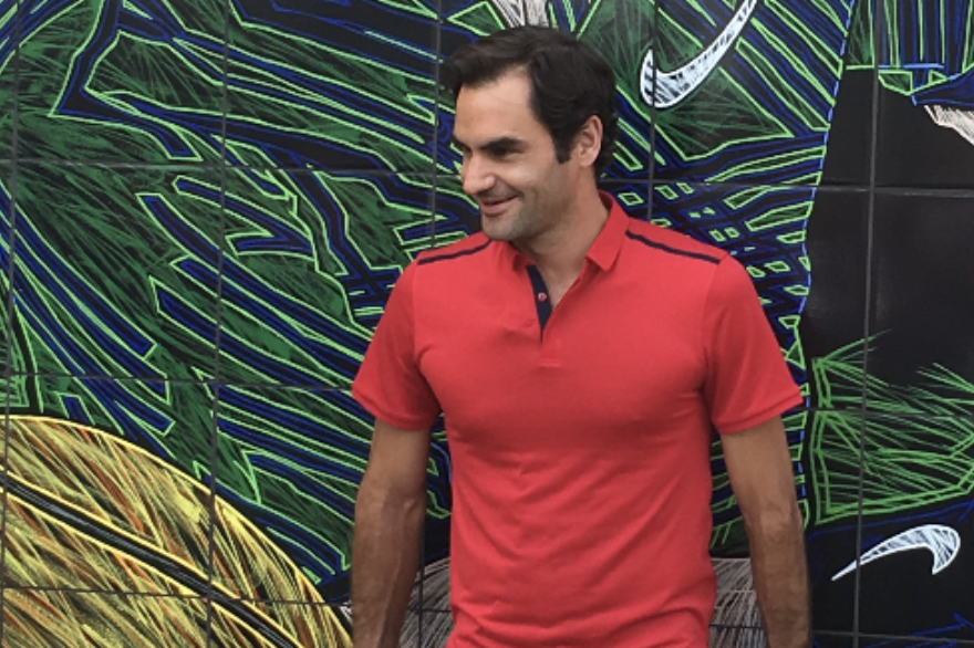 Roger Federer at his mural at The BNP Paribas Open in Indian Wells, CA
