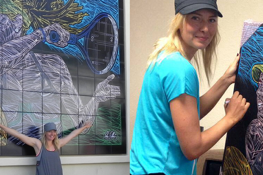 Maria Sharapova at her mural and signing canvas giclee painting of her mural