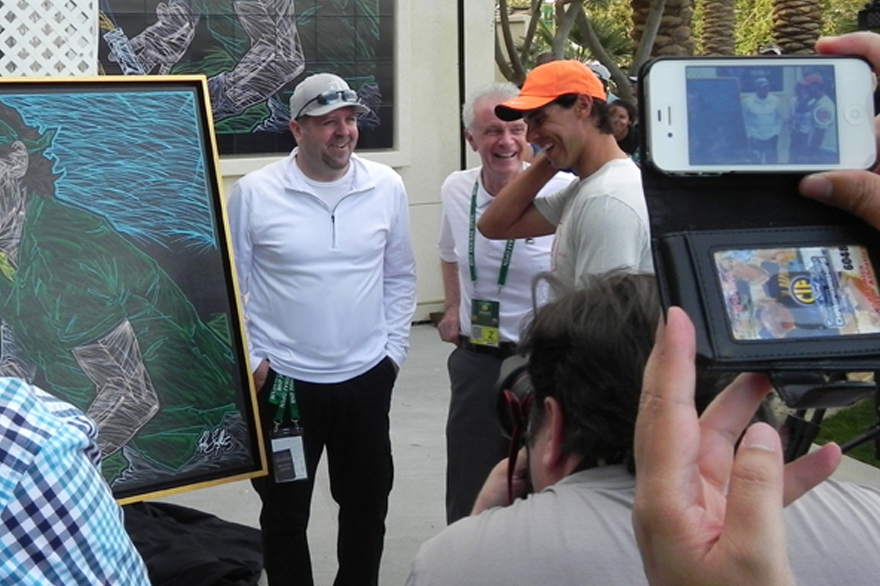 Mike S., Raymond Moore and Rafael Nadal during the Mural Dedication Ceremony