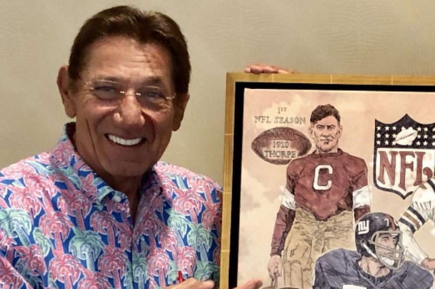 QB Joe Namath with the "NFL 100" canvas giclee at Bethpage Golf in New York