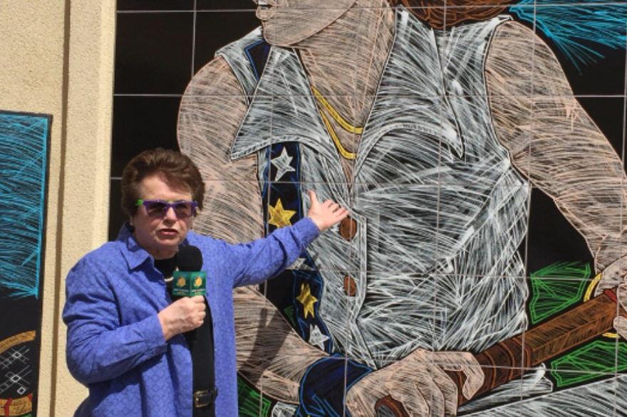 Tennis Legend Billie Jean King in front of her mural at The Indian Wells Tennis Garden