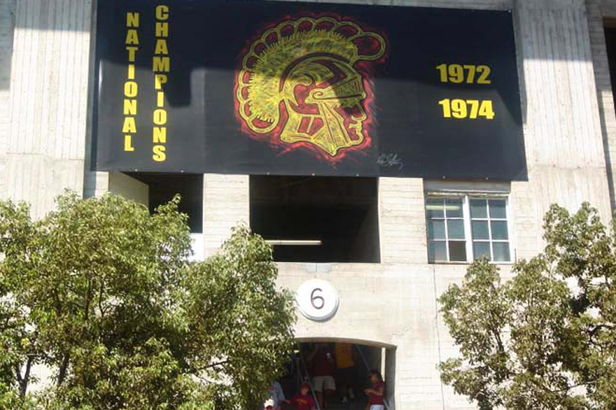 USC logo banner at The Los Angeles Memorial Coliseum in Los Angeles, CA